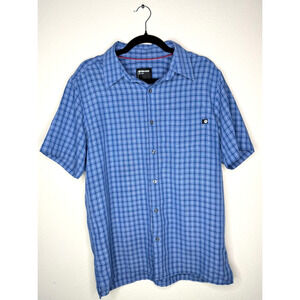 Marmot Men's Button Front Short Sleeve Navy Blue Black Plaid Outdoor Shirt Med